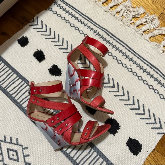 👠 Casadei Prabal Gurung Red Patent Cardiogram Wedges Platform Sandals Heels - Picture 3 of 15